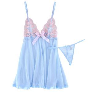 Spree Women's Sheer Mesh Babydoll Top and Matching Thong Set